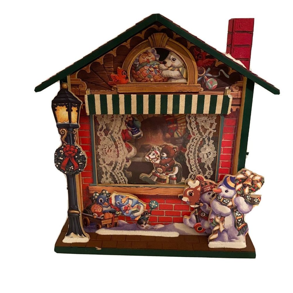 Santa's shop‎ animated wooden house decoration musical snowman Christmas RARE
